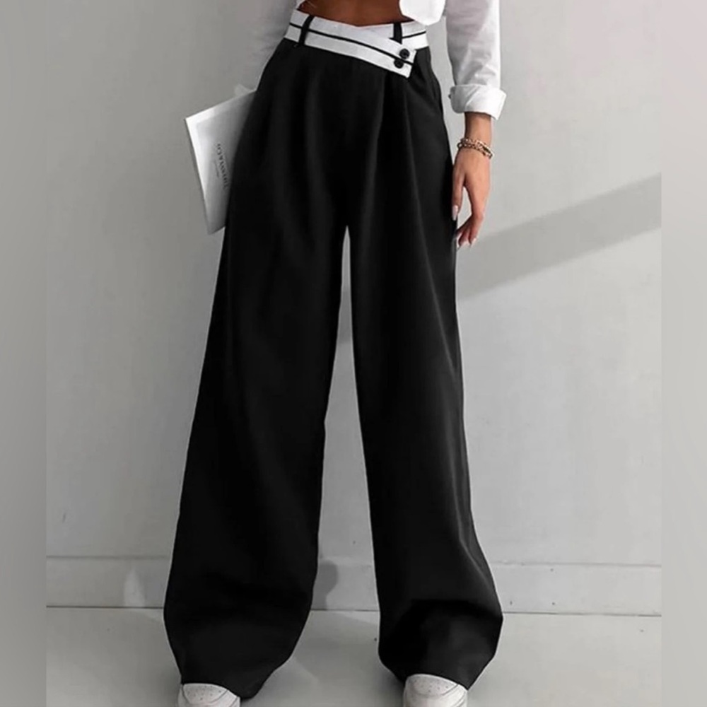 Asymmetrical Contrast Waistband Wide Leg
Dress Pants